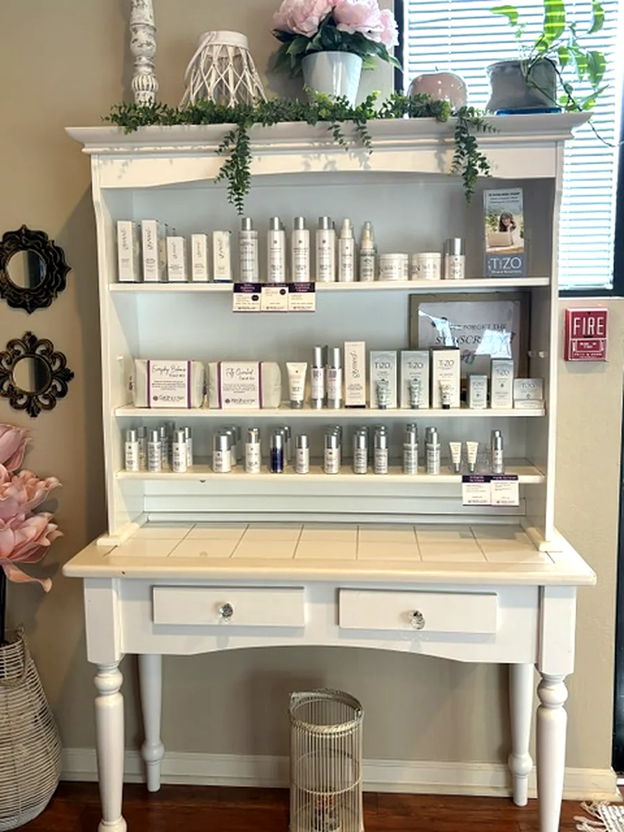 The retail hutch at Amazing Face Spa: Skin Script, Glymed+ and TiZO